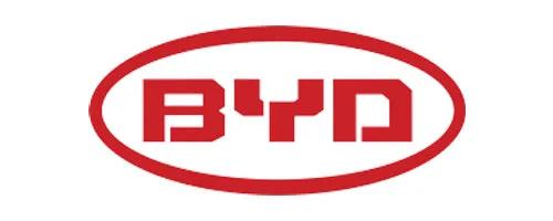 Red BYD logo. The BYD brand is known for electric vehicles and batteries.