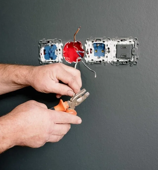Electrician wiring a wall outlet with pliers