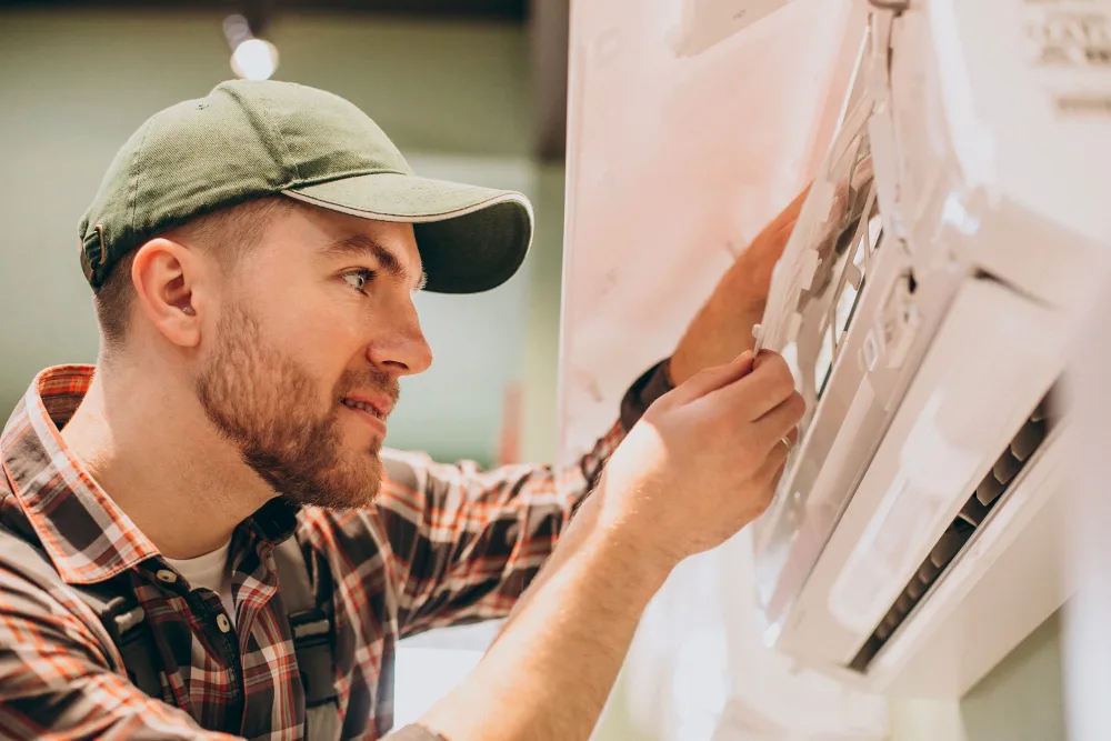 Technician repairing an air conditioner unit.